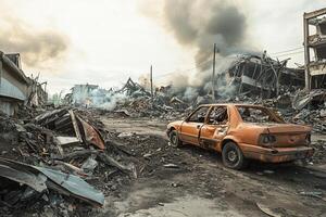 Destroyed car amidst burning buildings and rubble after disaster. photo
