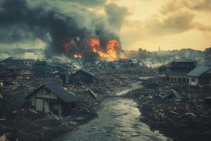 Devastation post-disaster landscape with burning buildings and debris-strewn streets. photo