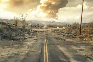 Desolate road after a natural disaster, showing destruction and smoke in the distance. photo