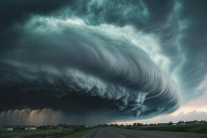 Dramatic shelf cloud over highway, dark storm clouds, rain. photo