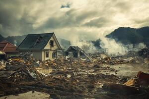 Devastation damaged houses, debris, smoke after a natural disaster. photo