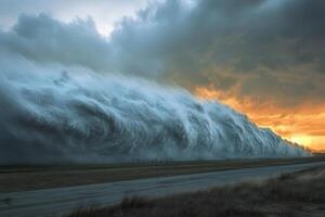 Dramatic wall of dark storm clouds rolling over flat landscape at sunset. photo