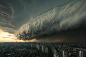 Dramatic shelf cloud over city skyline during sunset. photo