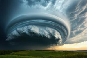 Dramatic supercell thunderstorm over flat farmland. photo
