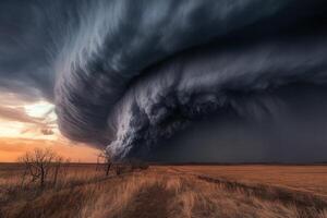 Dramatic sunset over a vast field with an ominous, rotating supercell thunderstorm. photo