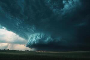 Dramatic supercell thunderstorm over flat landscape. photo