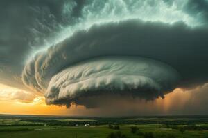 Dramatic supercell thunderstorm over flatlands at sunset. photo