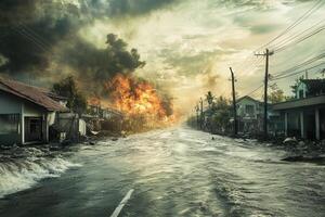 Flood and fire destroy homes in a town. photo