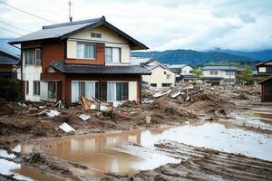 Flood damaged houses and debris-filled landscape. photo