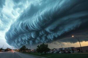 Dramatic shelf cloud over suburban street at sunset. photo