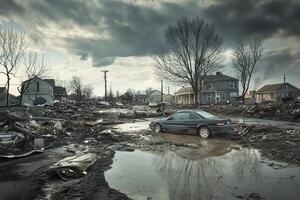 Flood-damaged street with debris and submerged car. photo
