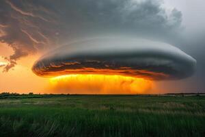 Dramatic sunset with a massive, ominous supercell thunderstorm over a flat green field. photo