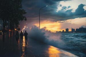 Dramatic sunset cityscape with huge waves crashing on a waterfront walkway, silhouetted figures walking. photo