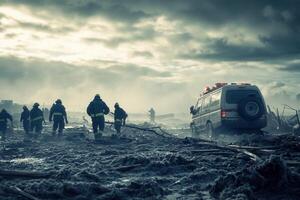 Emergency responders rush towards an ambulance amidst a disaster scene, navigating rubble and smoke. photo