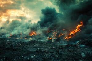 Fiery apocalyptic landscape with dark clouds and smoke. photo
