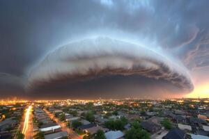 Dramatic shelf cloud over city at sunset. photo