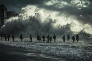 Dramatic ocean waves crashing on shore, people silhouetted against stormy sky. photo