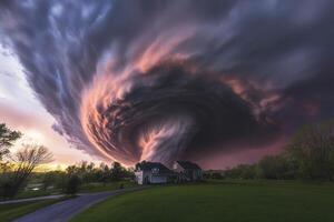 Dramatic swirling storm clouds over houses in a field at sunset. photo