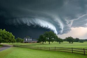 Dramatic storm clouds over rural house and green field. photo