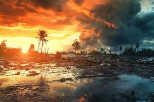 Dramatic sunset over a tropical landscape devastated by a natural disaster, showing debris, destruction, and flooded land. photo