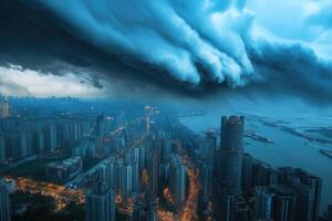 Dramatic stormy clouds over a city at night. photo