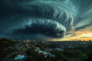 Dramatic storm clouds over suburban cityscape at sunset. photo