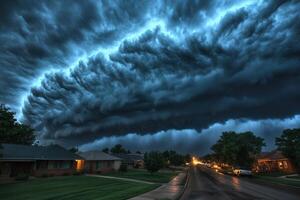 Dramatic storm clouds over suburban street at night. photo