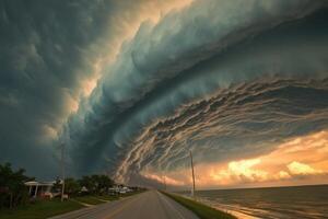Dramatic shelf cloud over coastal road at sunset. photo
