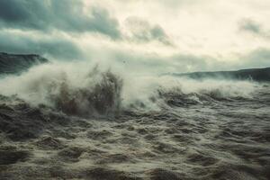 Dramatic waves crashing on a shore under a stormy sky. photo