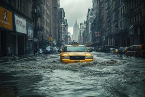 Flooded city street with yellow cab. photo