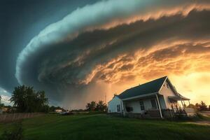 Dramatic sunset storm clouds over house. photo