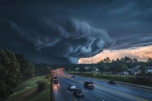 Dramatic storm clouds over highway traffic at sunset. photo