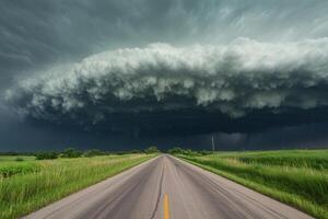 Dramatic storm clouds over a rural road. photo