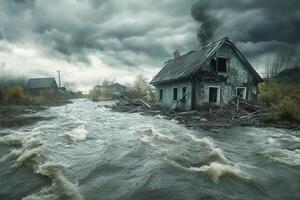 Flooded house, damaged building, stormy weather, disaster scene. photo