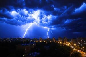 Dramatic lightning storm over city at night. photo