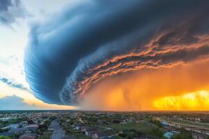 Dramatic sunset shelf cloud over suburban area with heavy rain. photo