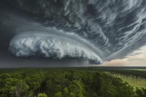 Dramatic shelf cloud over vast green forest landscape. photo