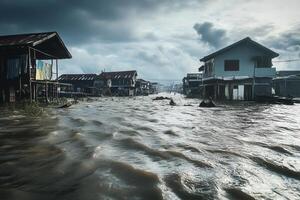 Flooded houses on river, stormy weather. photo