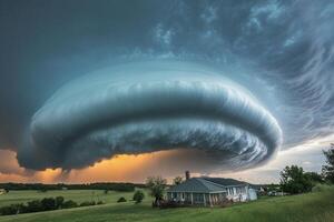 Dramatic shelf cloud over house, sunset sky. photo