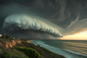 Dramatic storm clouds over ocean coast at sunset. photo