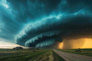 Dramatic supercell thunderstorm over rural landscape. photo
