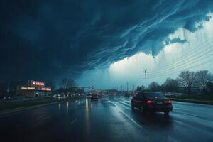 Dramatic storm clouds over a rain-slick highway with cars driving through. photo