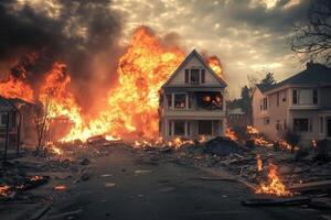 Fiery inferno engulfing suburban homes, causing widespread destruction and devastation. photo