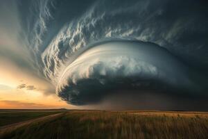 Dramatic sunset supercell thunderstorm over flatlands. photo