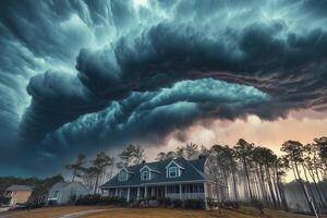 Dramatic storm clouds loom over a suburban house. photo