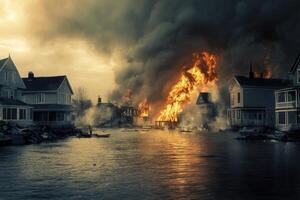Fiery inferno engulfing houses in floodwaters. photo