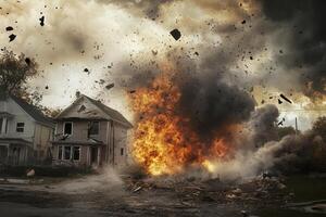 Fiery explosion destroys residential building, debris scattered. photo