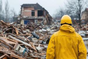 Surveyor assessing disaster damage at a destroyed building. photo