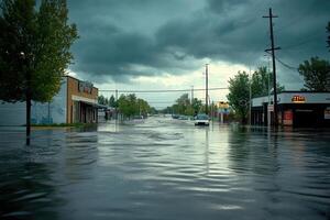 Flooded street scene with dark storm clouds overhead. photo
