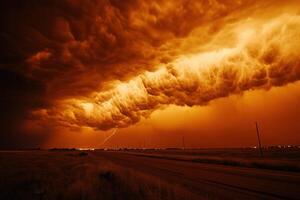 Fiery orange storm clouds over a flat landscape with lightning strike. photo